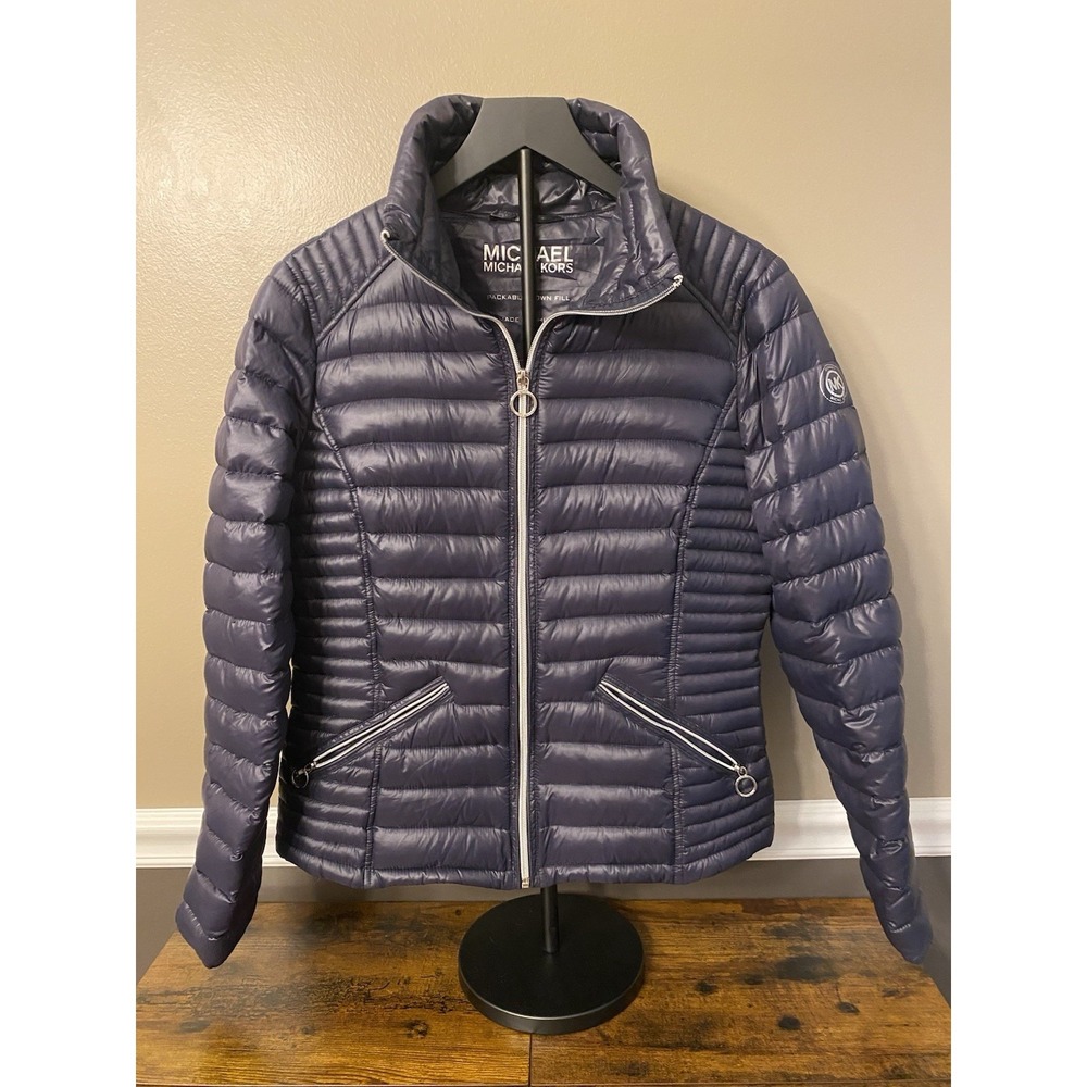 Michael Kors Packable Down Jacket Womens Size M Navy Blue Puffer Silver Accents